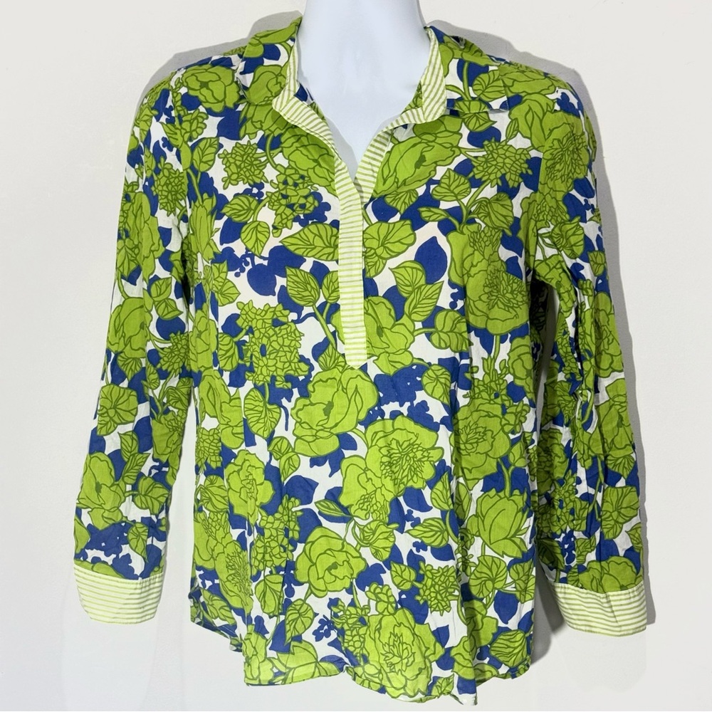 Talbots Floral Print Henley Tunic Top Blouse Size L Green Blue & White Light Wgt